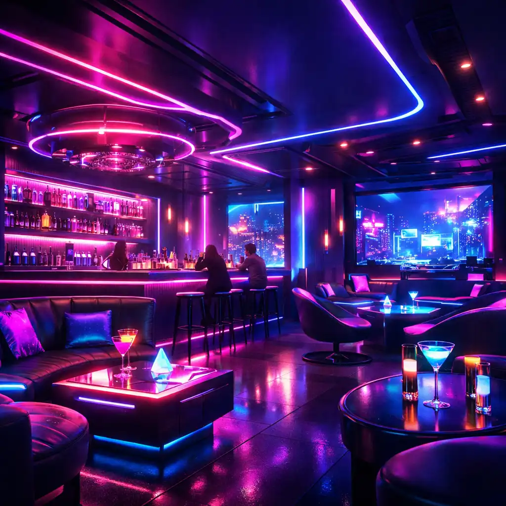 Neon cyberpunk lounge environment representing Mythicvoyagehall's digital playground