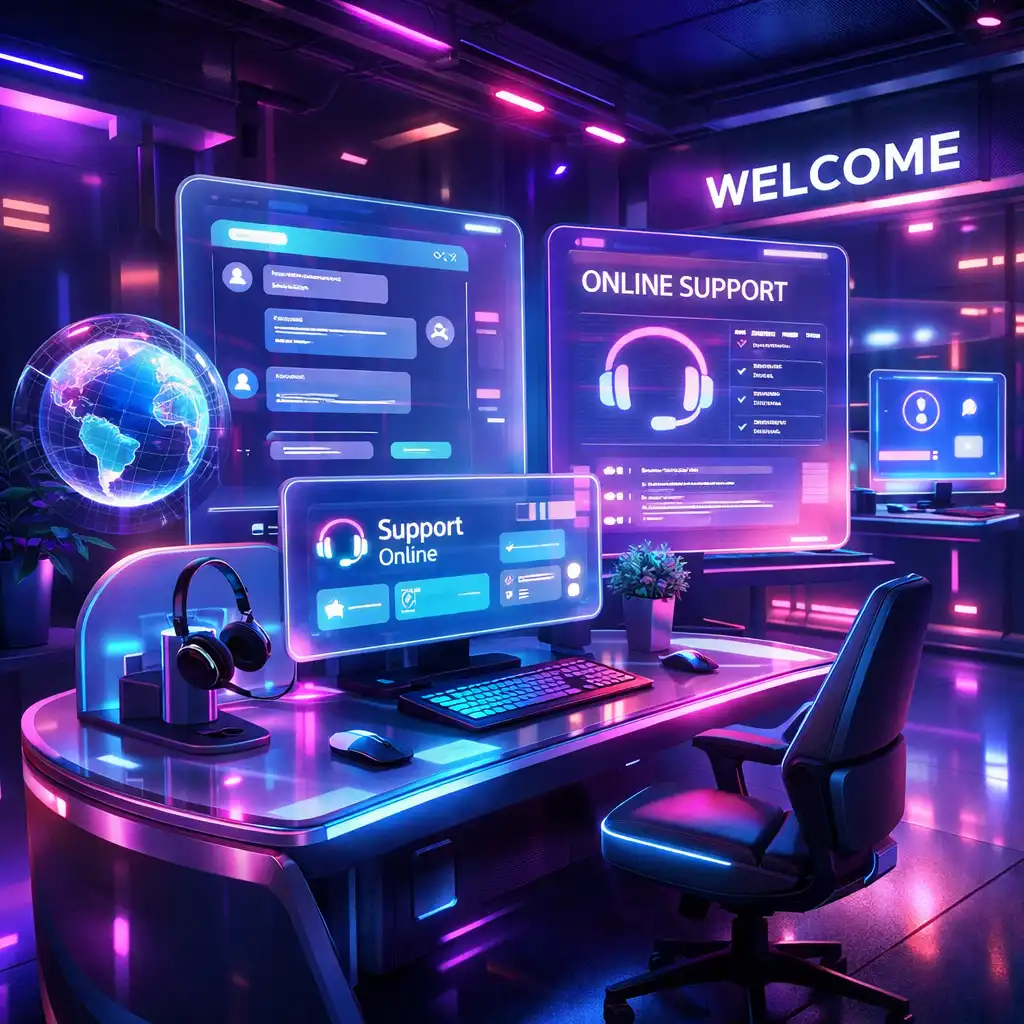 Neon cyberpunk entertainment scene with futuristic city lights and glowing digital interfaces