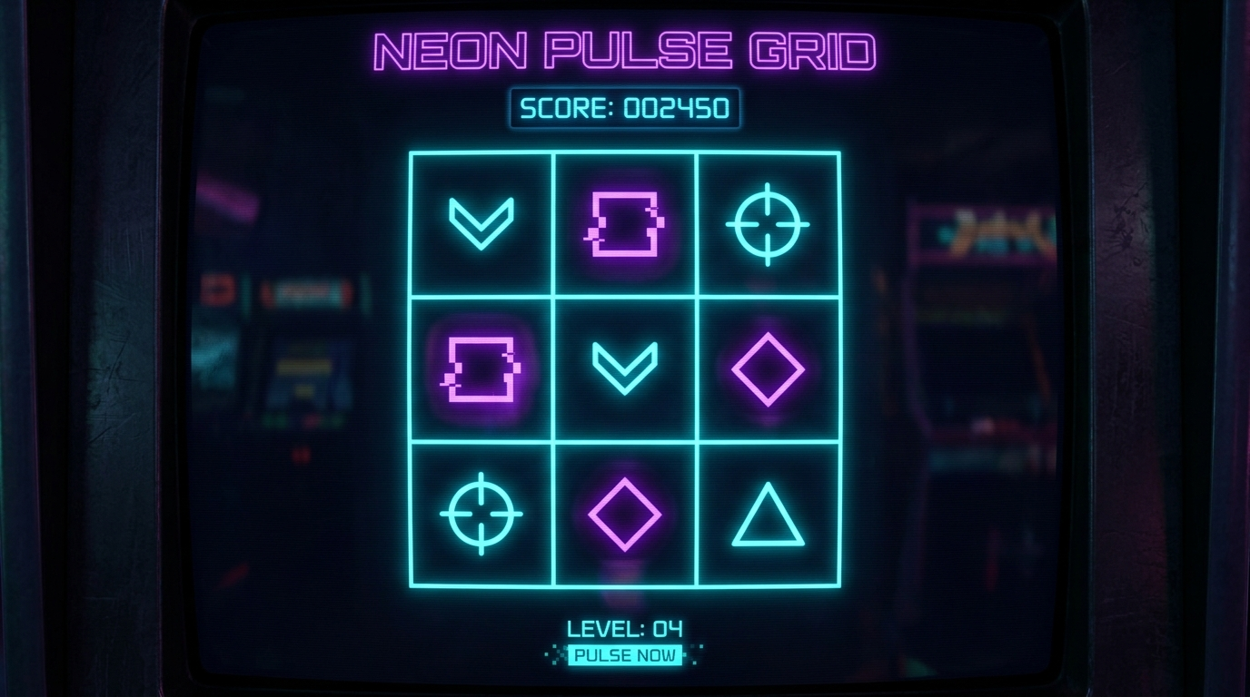 Neon Pulse Grid - glowing neon symbols in purple and cyan