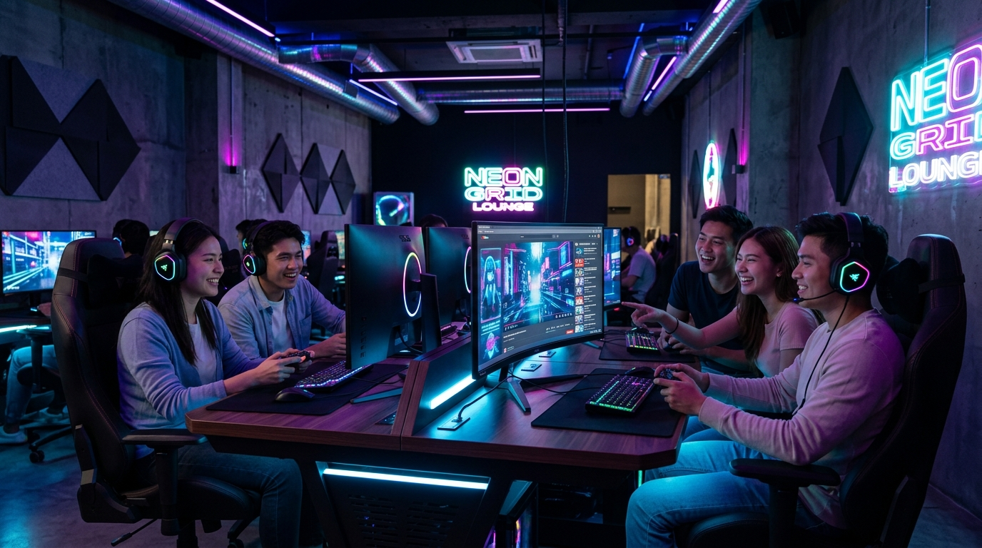 Young adults immersed in futuristic digital entertainment with neon screens and glowing interfaces