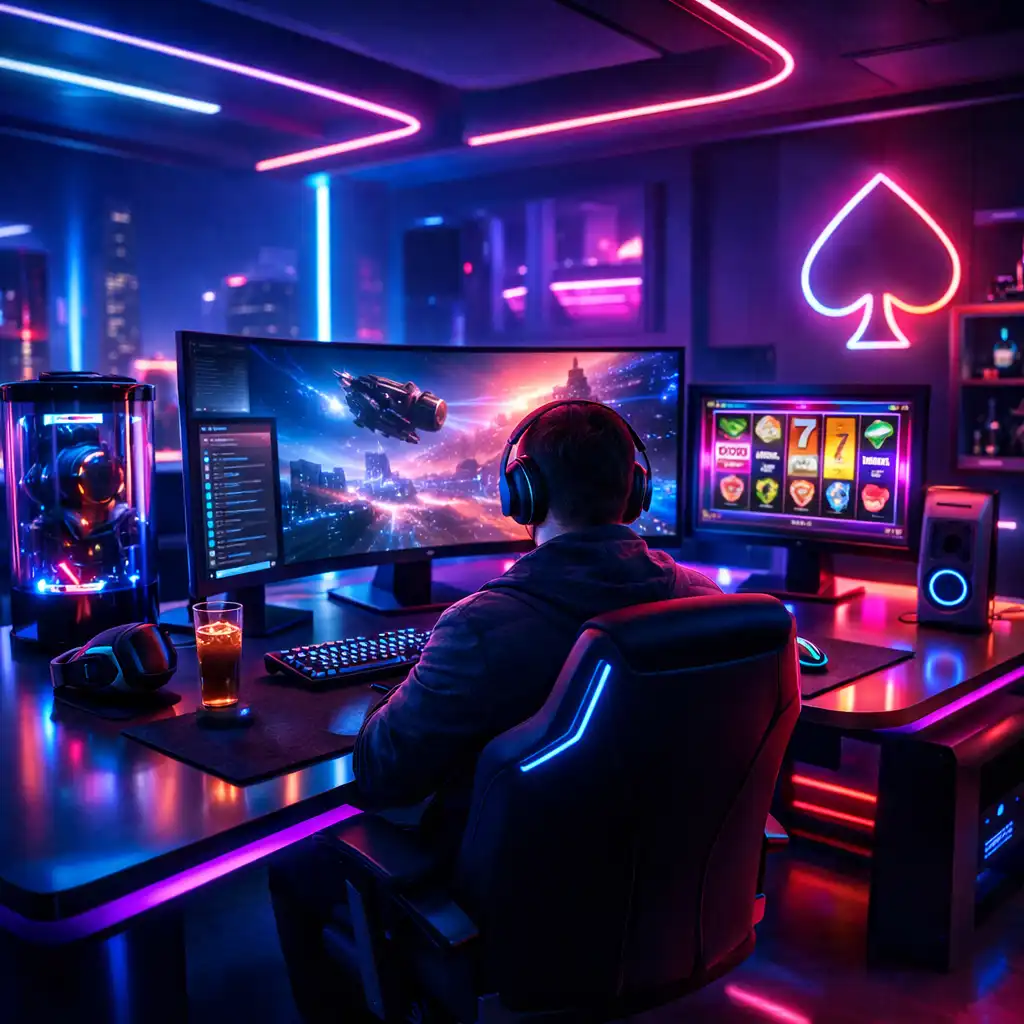 Futuristic neon grid and symbols representing Mythicvoyagehall's digital playground