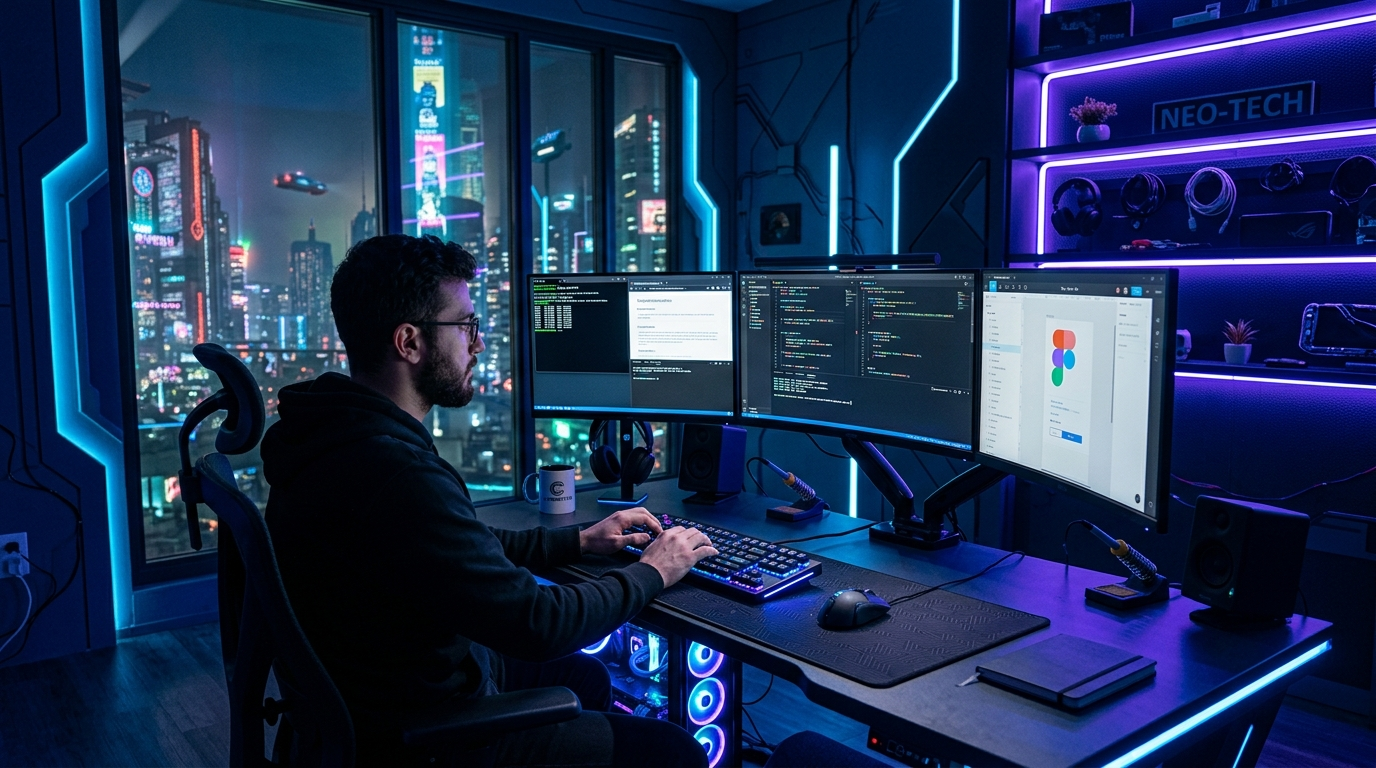 Stylish futuristic workspace with cyberpunk lighting and modern digital entertainment environment